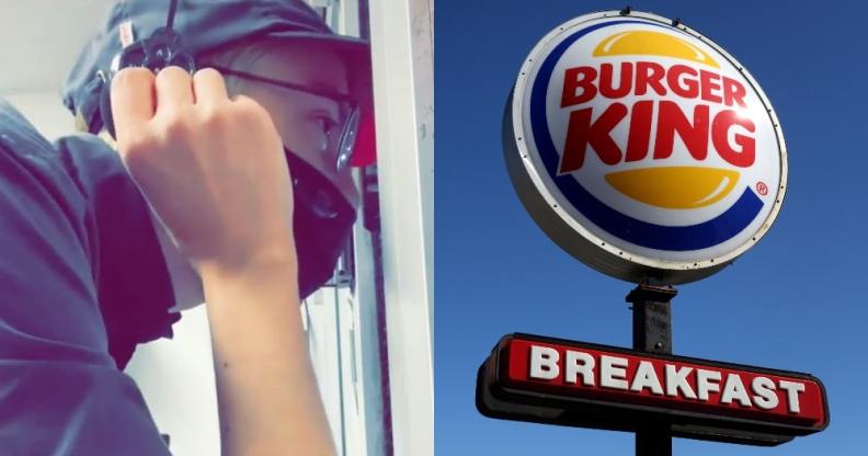 Side by side shots of a man at a Burger King drive-through and a Burger King sign