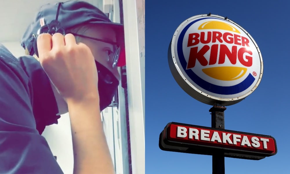 Side by side shots of a man at a Burger King drive-through and a Burger King sign