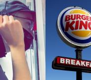 Side by side shots of a man at a Burger King drive-through and a Burger King sign