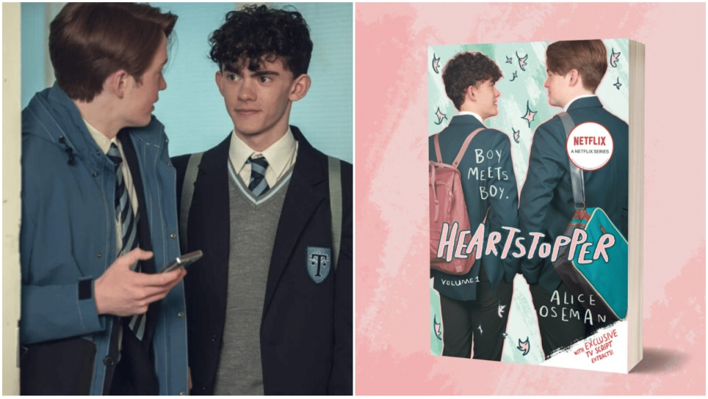 Heartstopper stars Kit Connor and Joe Locke (left) and a copy of the original graphic novel