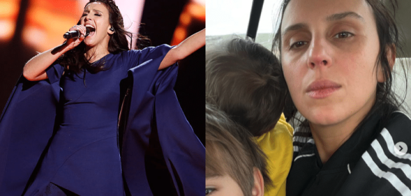 Jamala singing on the Eurovision stage / Jamala with her two children