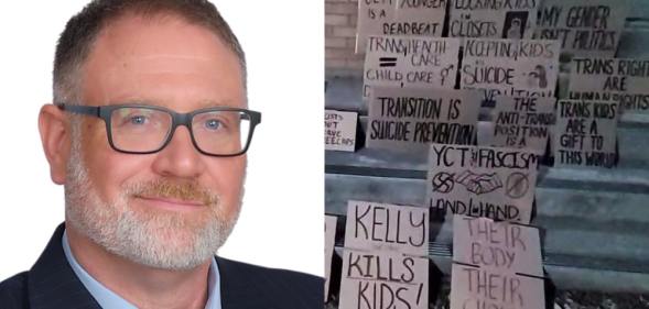 Headshot of Jeff Younger and a pile of pro-trans placards