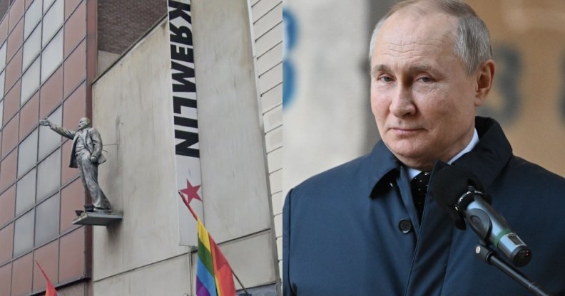 On the left: Street view of the Kremlin bar. On the right: Headshot of Vladimir Putin