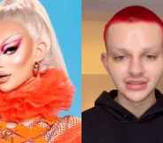 On the left: Promotional picture of Krystal Versace in drag. On the right: Krystal Versace, out of drag, talks to the camera