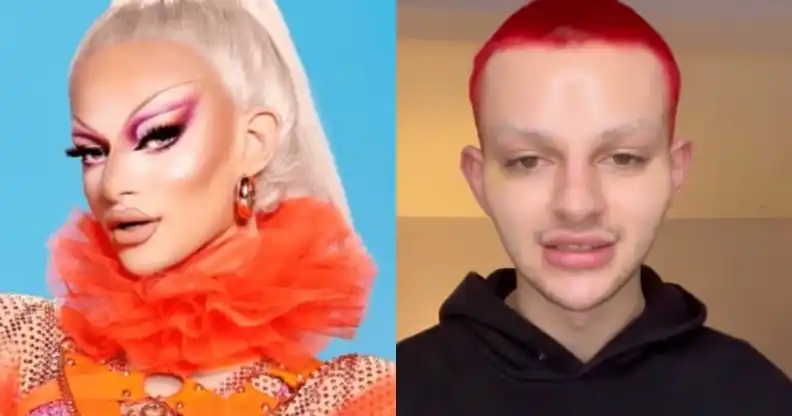 On the left: Promotional picture of Krystal Versace in drag. On the right: Krystal Versace, out of drag, talks to the camera