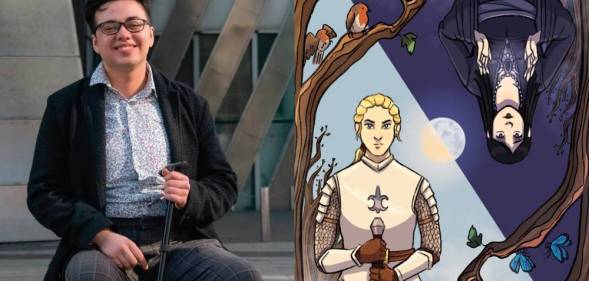 side by side pictures of Manchester based illustrator Julian Gray posing for the camera with an image of an illustration of a warrior on a sunny background with a witch on a darker background