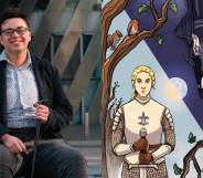 side by side pictures of Manchester based illustrator Julian Gray posing for the camera with an image of an illustration of a warrior on a sunny background with a witch on a darker background