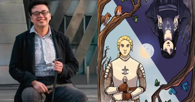 side by side pictures of Manchester based illustrator Julian Gray posing for the camera with an image of an illustration of a warrior on a sunny background with a witch on a darker background