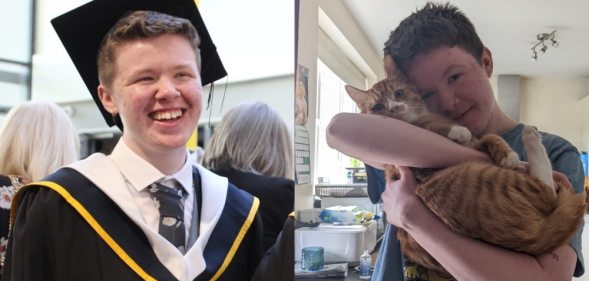 A side-by-side photos of Callum Kenney during his graduation and holding a cat