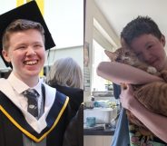 A side-by-side photos of Callum Kenney during his graduation and holding a cat