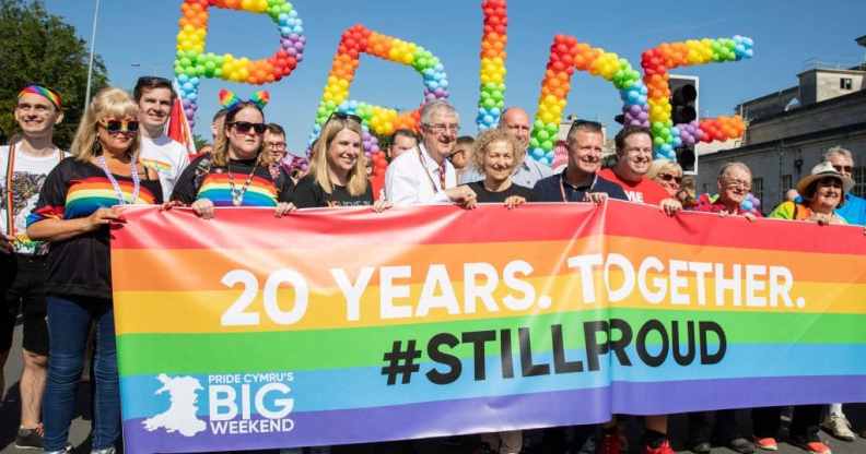 The head of the Pride Cymru parade including First Minister for Wales Mark Drakeford, Christina Rees MP and Stephen Doughty MP.