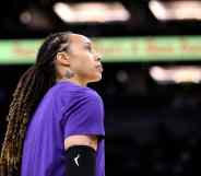 Brittney Griner look up during a basketball match