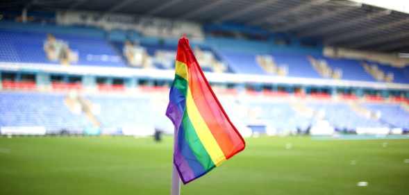 A rainbow Pride corner flag