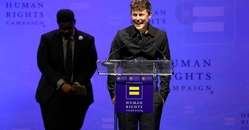 Charlee Corra Disney speaks onstage at the 2022 Human Rights Campaign annual gala