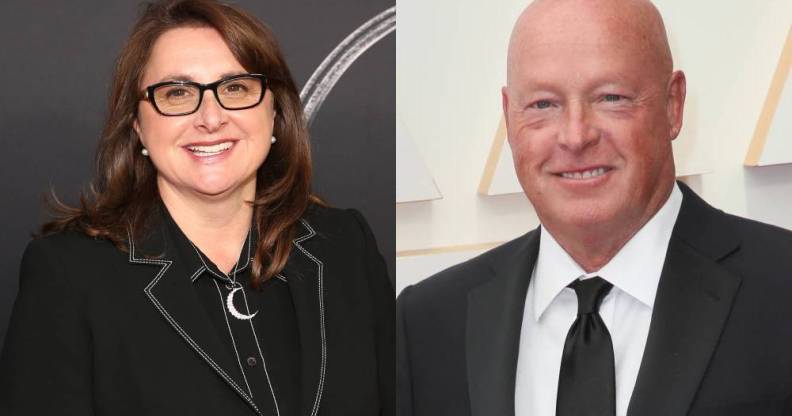 Side by side images of Marvel Studios' Victoria Alonso and Disney CEO Bob Chapek