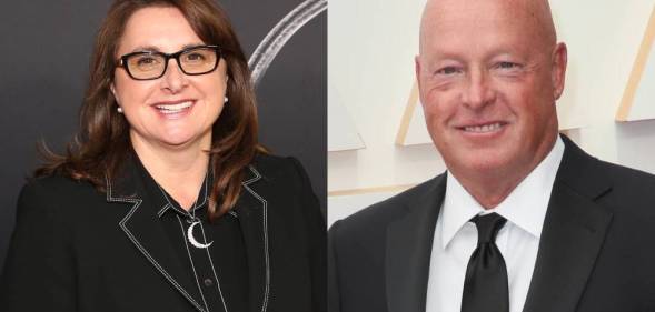 Side by side images of Marvel Studios' Victoria Alonso and Disney CEO Bob Chapek