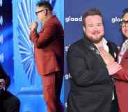 Zeke Smith gets down on one knee to propose to boyfriend Nico Santos and in the next picture Zeke and Nico hug each other as they pose for a camera after their engagement at the GLAAD awards