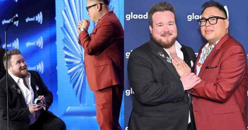 Zeke Smith gets down on one knee to propose to boyfriend Nico Santos and in the next picture Zeke and Nico hug each other as they pose for a camera after their engagement at the GLAAD awards