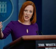 Jen Psaki, the White House press secretary, wears a purple outfit as she speaks to reporters at a briefing
