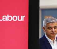 Sadiq Khan stands to a sign reading: 'London Labour'
