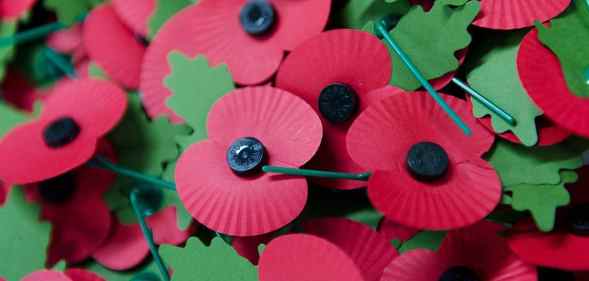 The emblem of the British Legion's annual poppy appeal sits on a work bench at the company headquarters in London.