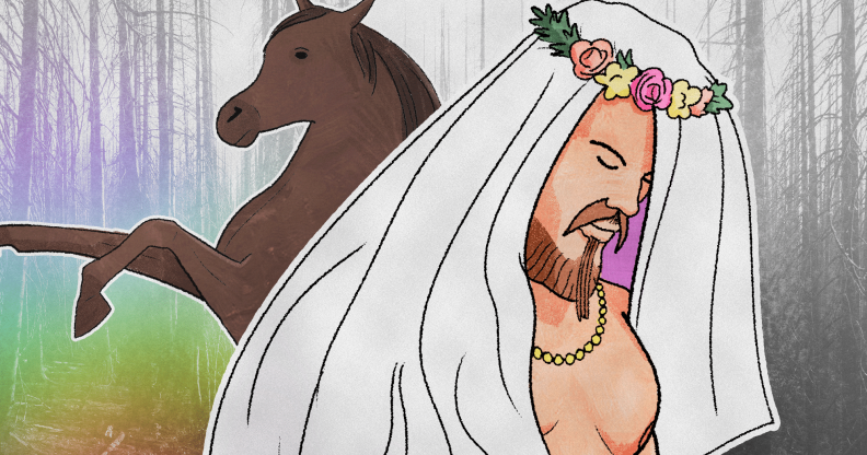 Illustration of Thor wearing a veil, and a horse