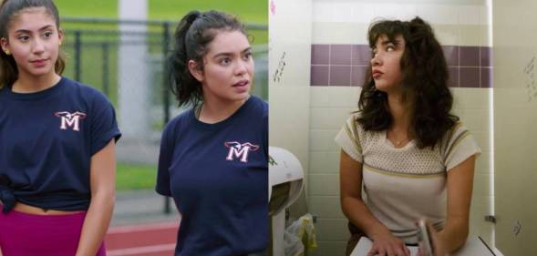 Side by side stills from the Hulu film crush starring Rowan Blanchard, Auli’i Cravalho and Isabella Ferreira