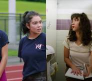 Side by side stills from the Hulu film crush starring Rowan Blanchard, Auli’i Cravalho and Isabella Ferreira