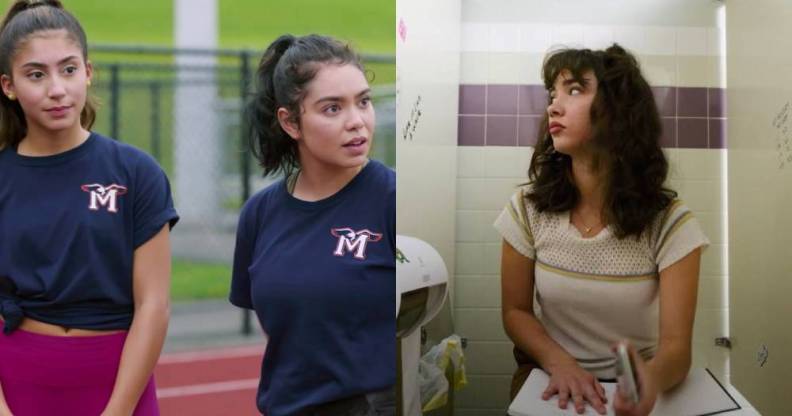Side by side stills from the Hulu film crush starring Rowan Blanchard, Auli’i Cravalho and Isabella Ferreira
