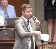 Missouri state representative Ian Mackey passionately speaks before colleagues in the state House