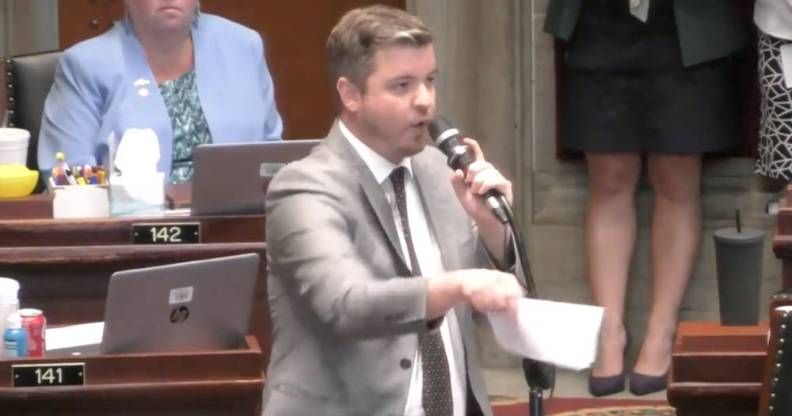Missouri state representative Ian Mackey passionately speaks before colleagues in the state House