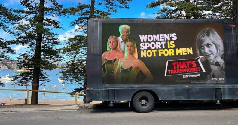 A billboard created by Advance Australia targeting independent Warringah MP Zali Steggall which includes the slogan “women's sport is not for men” as well as photos of top swimmers Dawn Fraser, Emma McKeon and Emily Seebohm.