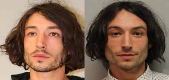 The police booking photos of Ezra Miller from their second (L) and first arrest in Hawaii