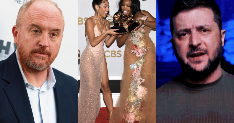 Three photos: Louis CK in a suit and no tie, Doja Cat and SZA in gowns holding their Grammys, and Zelensky in a grey t-shirt