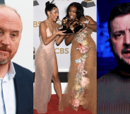 Three photos: Louis CK in a suit and no tie, Doja Cat and SZA in gowns holding their Grammys, and Zelensky in a grey t-shirt
