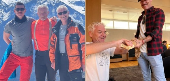 Phillip Schofield and Luke Evans pose against the French Alps
