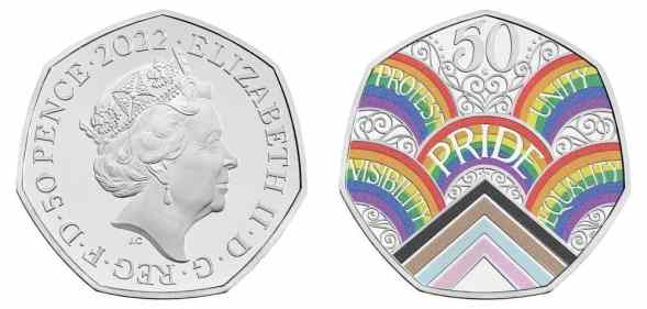 A picture of a 50p coin with one side depicting Queen Elizabeth II and the other side has an LGBTQ+ motif filled with rainbows