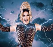 Drag Race Uk star Elektra Fence wears animal print outfit with matching gloves as photoshopped lightning dances around her