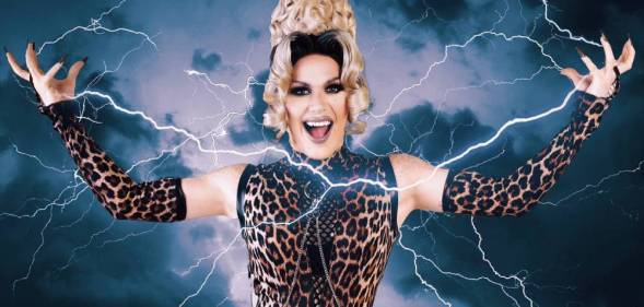 Drag Race Uk star Elektra Fence wears animal print outfit with matching gloves as photoshopped lightning dances around her