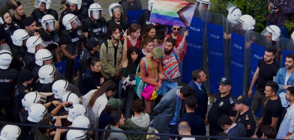 Riot police form a blockade around the Pride parade at Boğaziçi University, Turkey