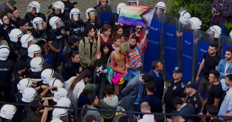 Riot police form a blockade around the Pride parade at Boğaziçi University, Turkey
