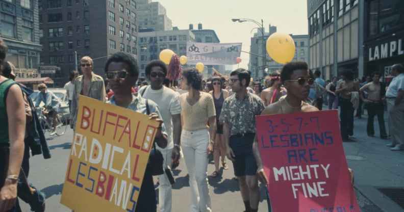 Representatives of the Buffalo Radical Lesbians take part in an LGBT parade through New York City on Christopher Street Gay Liberation Day 1971.