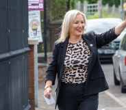 Michelle O'Neill arrives at the polling station set in St Patricks primary school, in Clonoe, in Co Tyrone, on May 5, 2022.