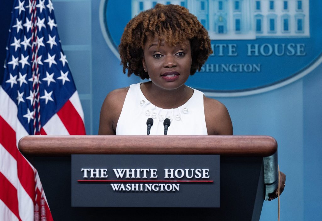 A screenshot of White House press secretary Karine Jean-Pierre speaking at an official briefing