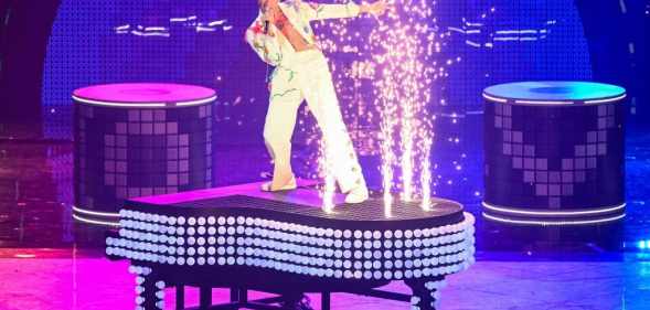 Mika performs during an interlude at the final of the Eurovision Song contest 2022 on May 14, 2022.