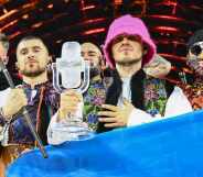 Ukraine's Kalush Orchestra pose with their Eurovision trophy