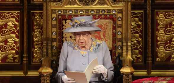 Queen Elizabeth II delivers the Queen's Speech in the House of Lord's Chamber during the State Opening of Parliament at the House of Lords in 202