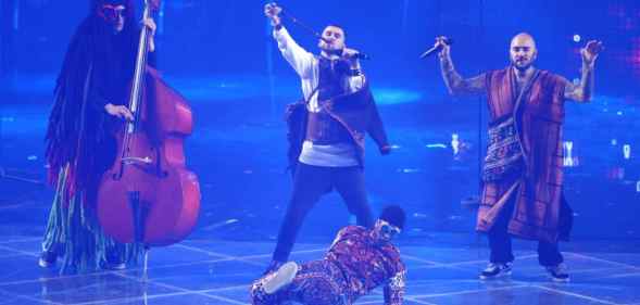 Kalush Orchestra representing Ukraine perform during the Grand Final show of the 66th Eurovision Song Contest.