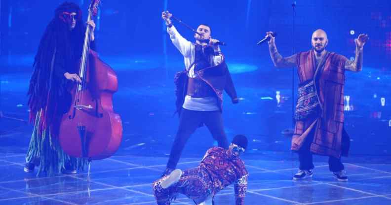 Kalush Orchestra representing Ukraine perform during the Grand Final show of the 66th Eurovision Song Contest.