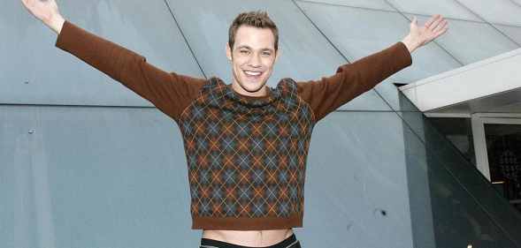 Will Young arrives on his "Election Bus" for the final week of filming of the reality TV program "Pop Idol" on February 4, 2002 in London.